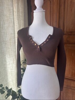 Love Tree Brown Ribbed Cropped Henley with Gold-Tone Snaps